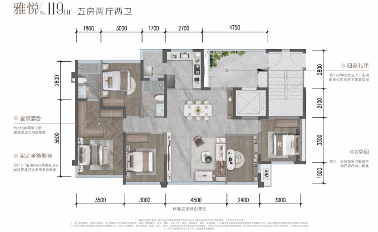 南宁邦泰悦九章5室2厅2卫1厨119.00㎡户型图-南宁房天下